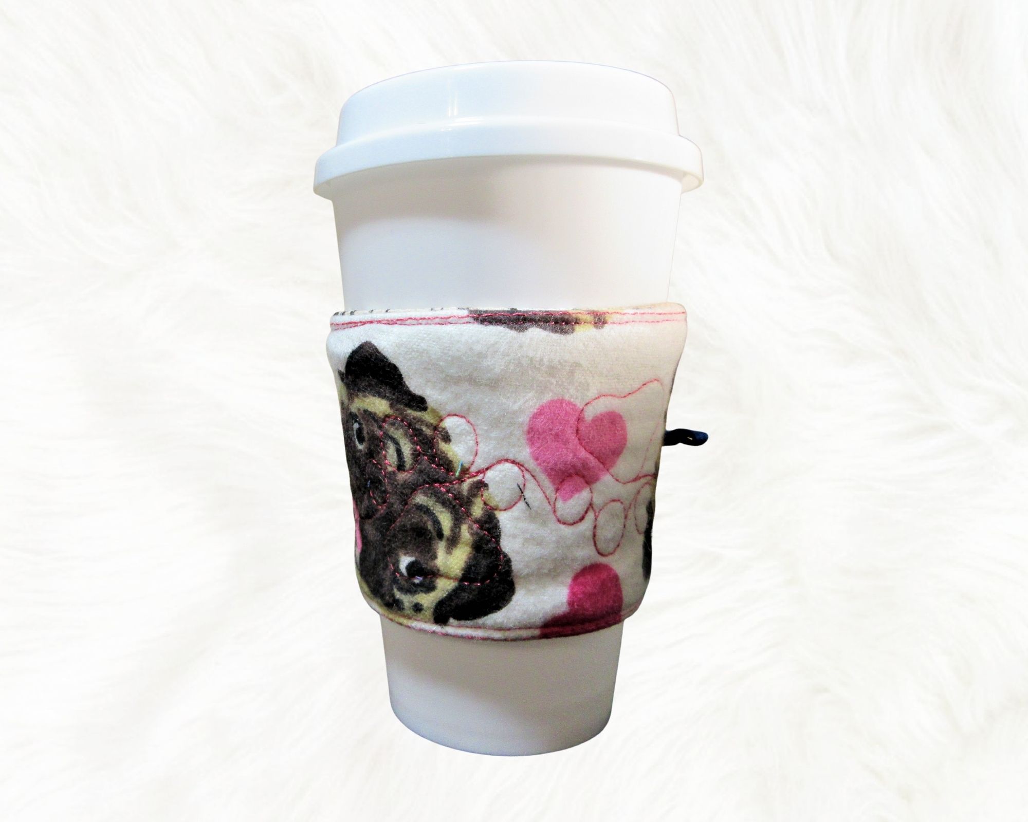 Pug beverage sleeve with Hearts and vintage coffee print mug sleeve by afurbabyfavorite