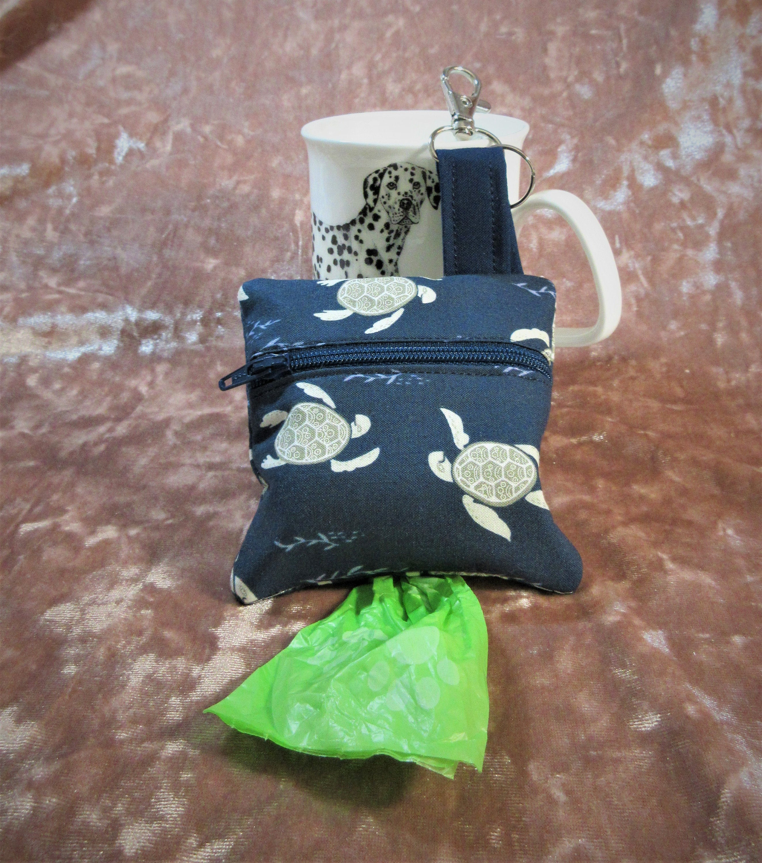 Gift set grey turtles on navy bluee with sea grass zipper bag and drink sleeve hand made in the USA by A Fur Baby Favorite