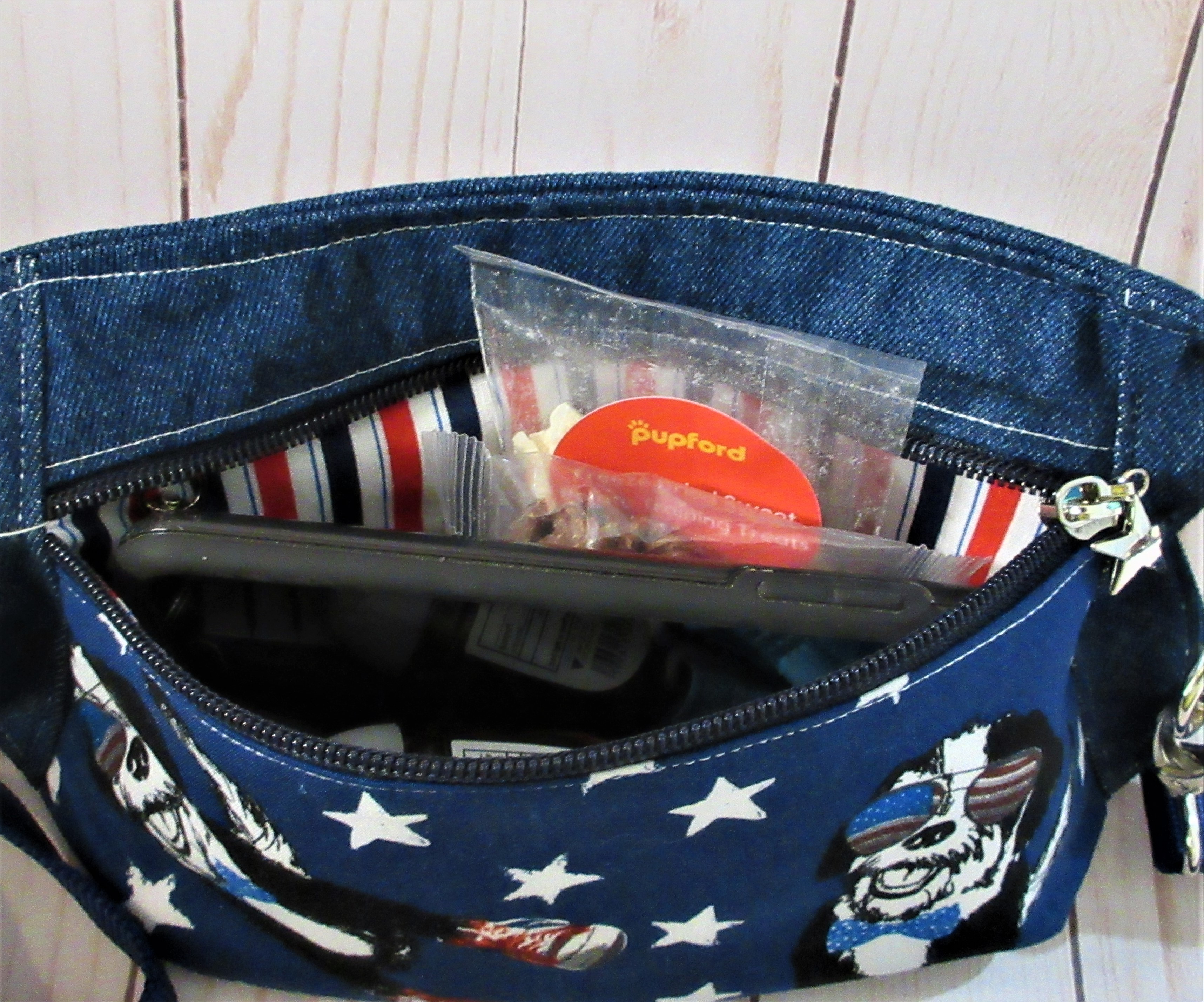 Rock Star Dog Fanny Pack for men or women Adjustable strap with Red white and blue lining  waist pack
