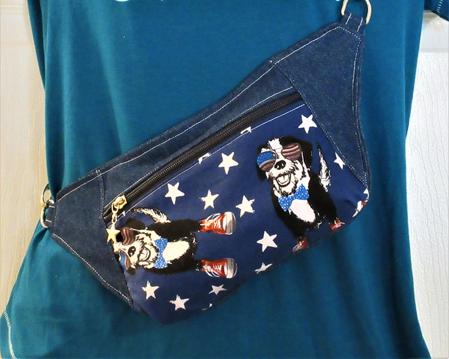 Rock Star Dog Fanny Pack for men or women Adjustable strap with Red white and blue lining handmade in USA by A Fur Baby Favorite