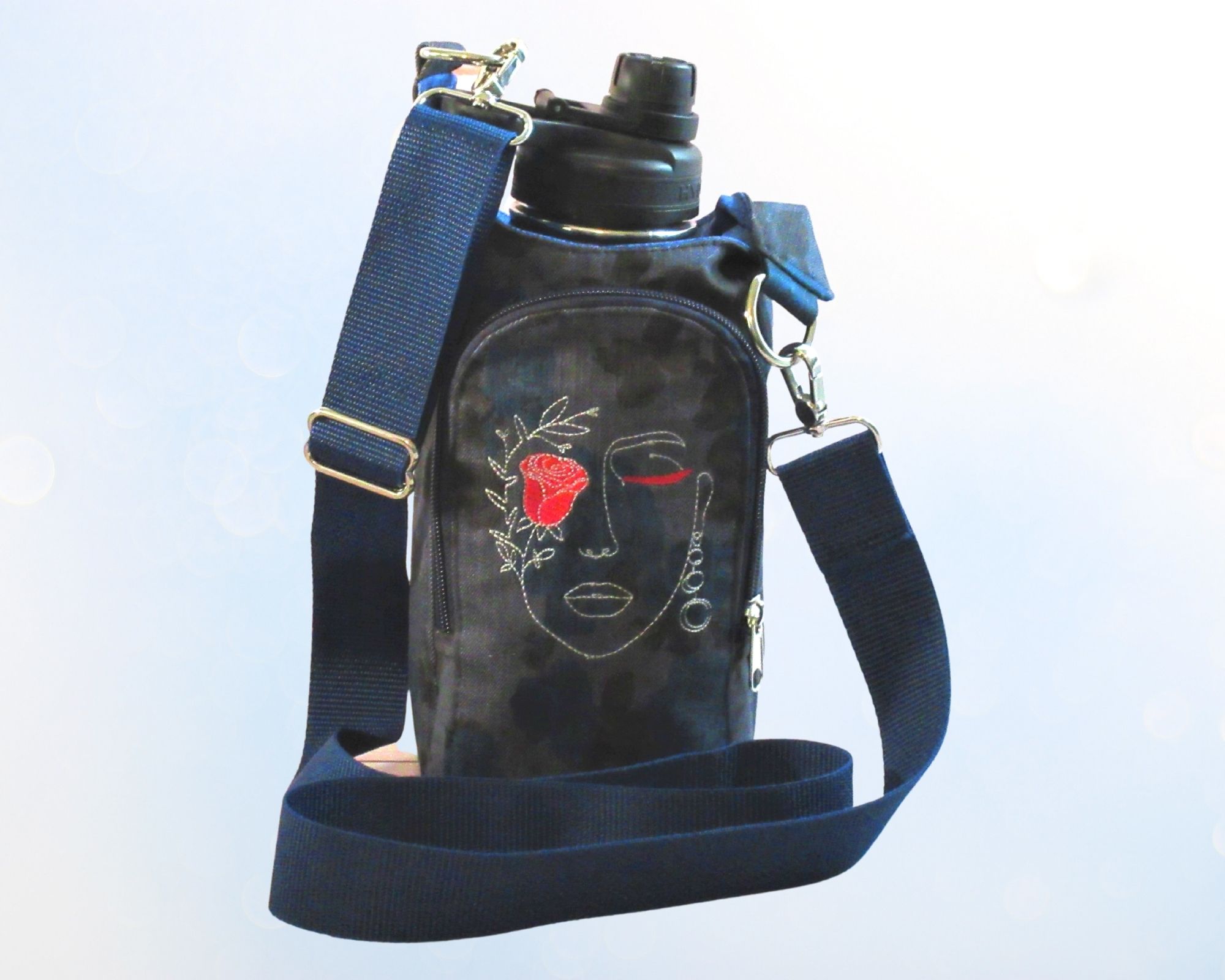 Lady with Rose on Denim Rose print  Cross Body Water Bottle Sling Bag with wallet pocket.