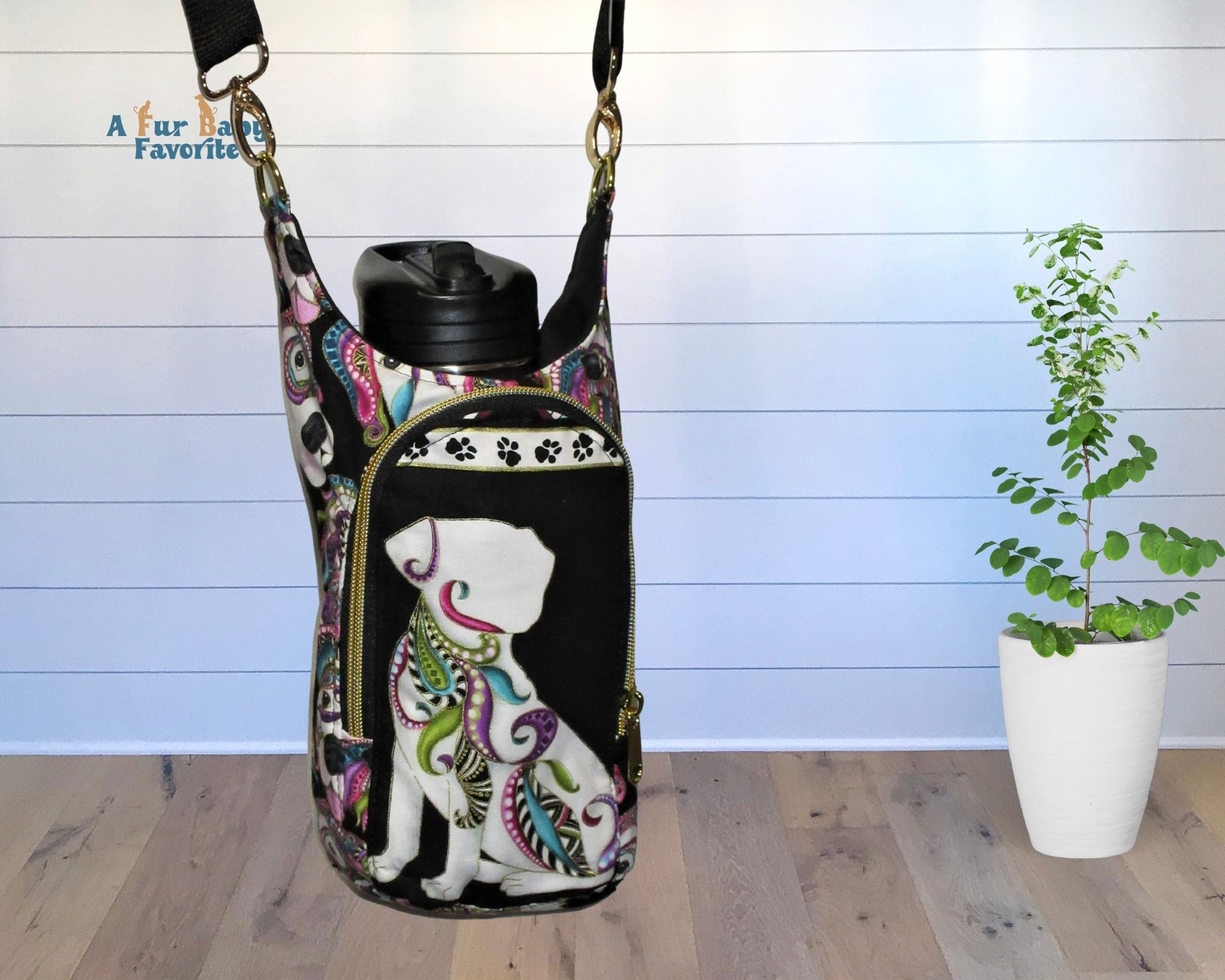 Mardi Gras Dogs print Cross Body Sling Bag. Holds Large Water bottles, Wine, other beverages.