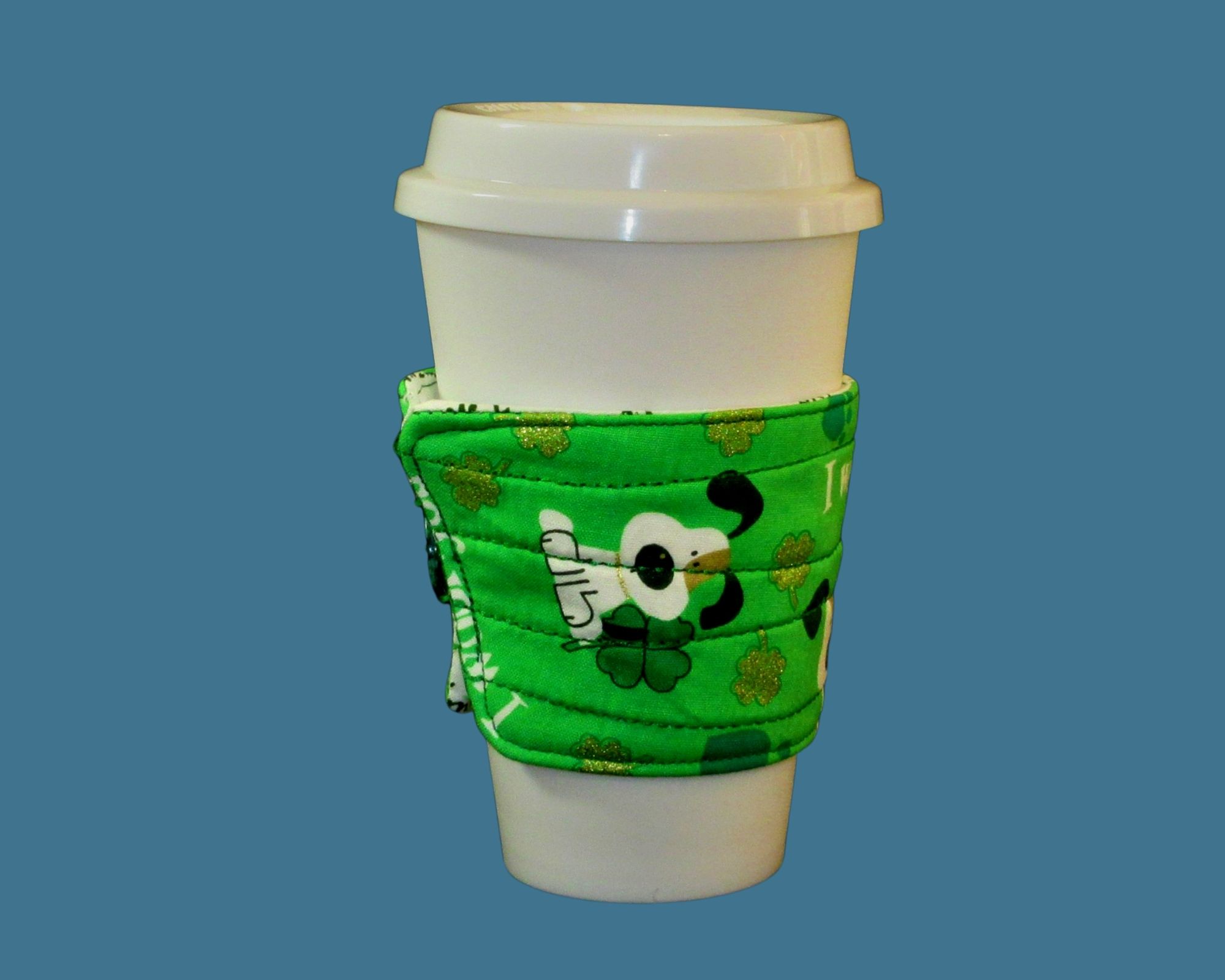 St Patricks day coffee cozy, Kiss me Im Irish beverage sleeve, Shamrocks dog themed gift